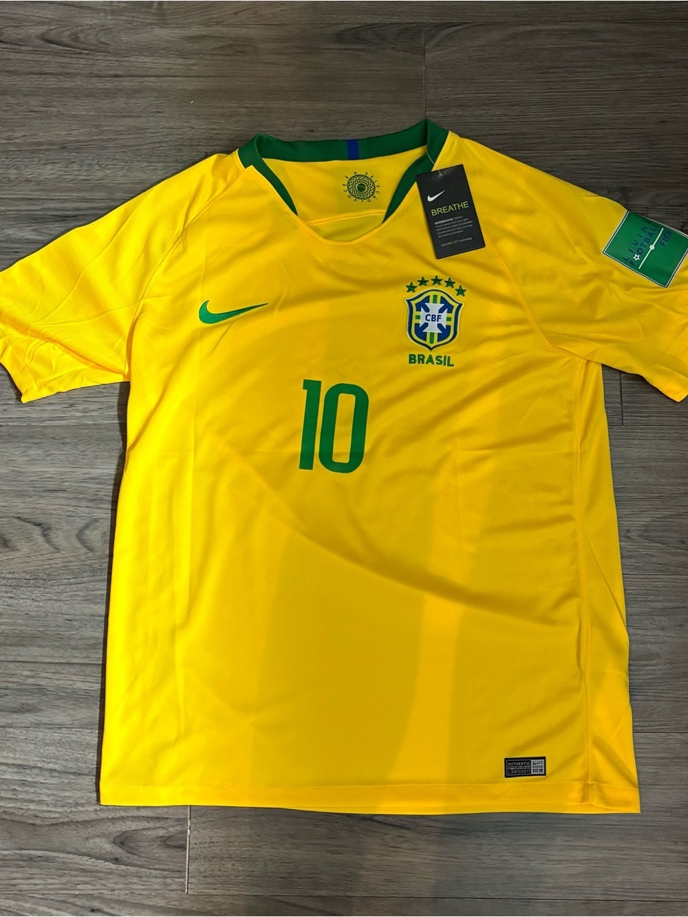 Nike Brasil Men's Yellow Soccer Jersey with Green Accents #10